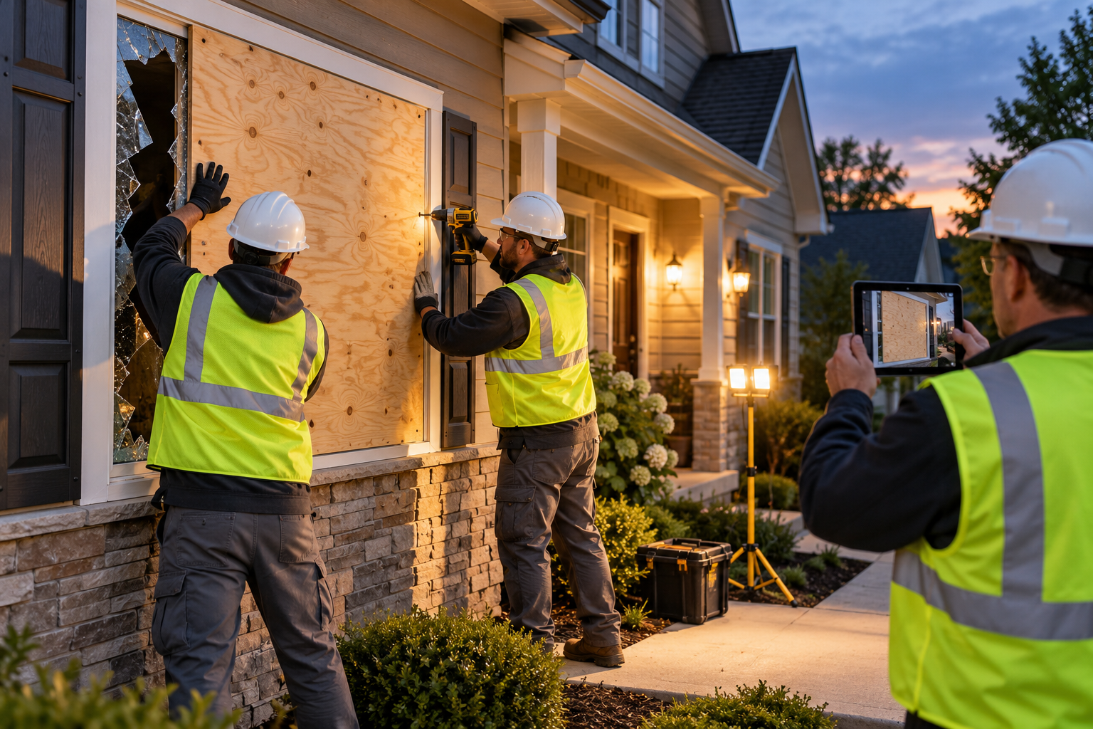 Restoration crew securing a damaged window with plywood at a Greenwood Indiana home.