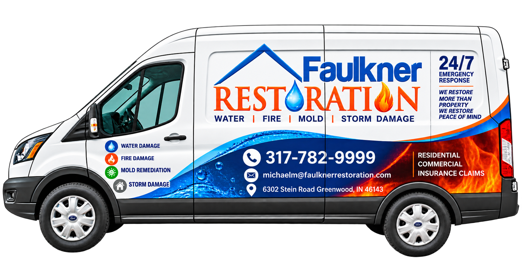 Faulkner Restoration service van serving Greenwood and Central Indiana