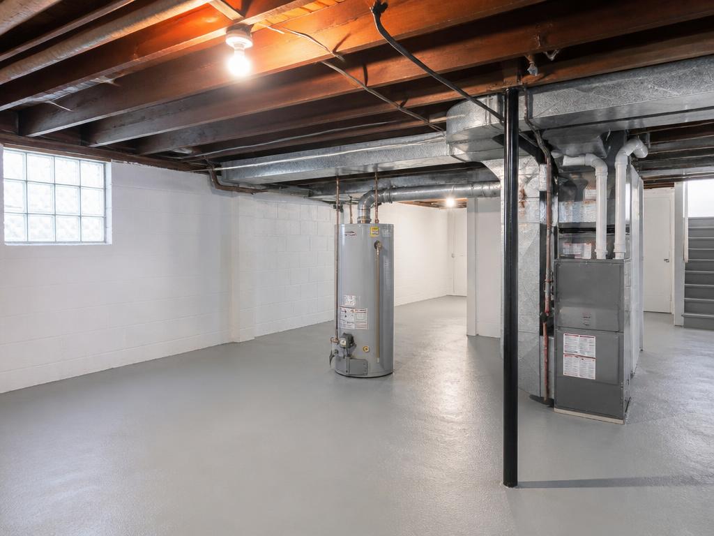 Clean basement with bare pipes after certified abatement