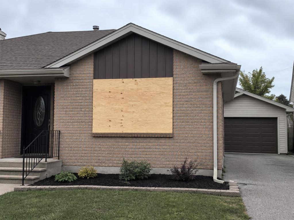 Same window neatly boarded and secured after emergency board-up