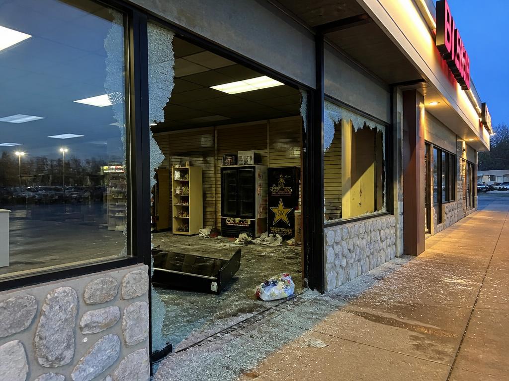 Storefront with shattered glass open and exposed at dusk