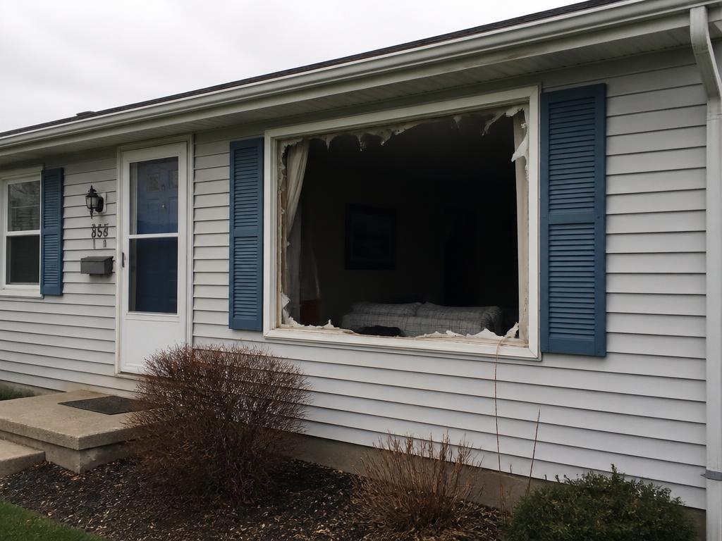 House with a broken and exposed window before emergency board-up