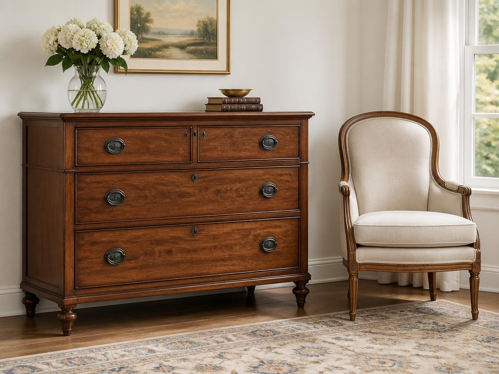 Restored clean wooden dresser and upholstered chair after contents cleaning