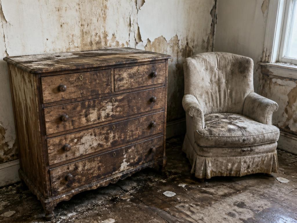 Water-damaged soiled dresser and upholstered chair before restoration