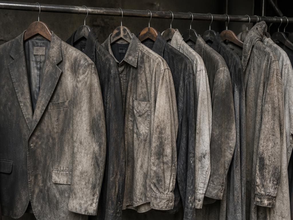 Smoke-damaged soot-stained clothing on a rack before contents restoration