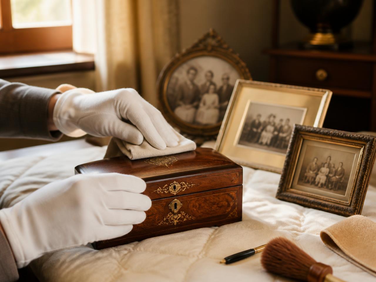 Gloved hands cleaning a restored keepsake box and family photographs Greenwood Indiana
