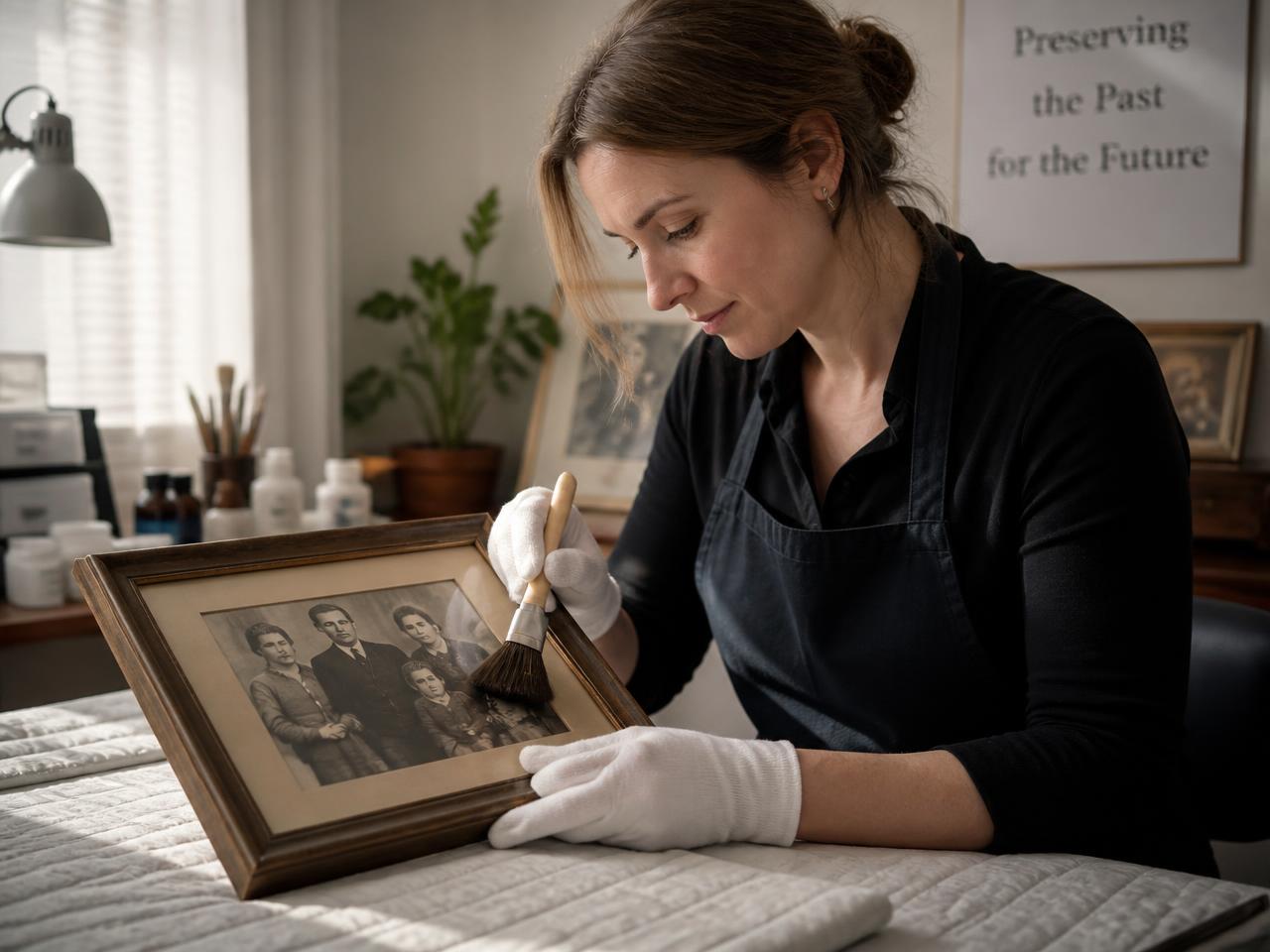 Technician carefully cleaning a framed family photo, contents restoration Greenwood Indiana