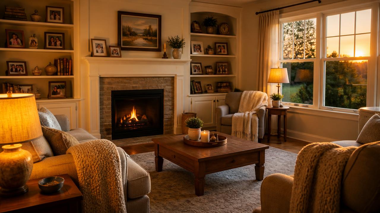 Warm restored living room with family photos back in place