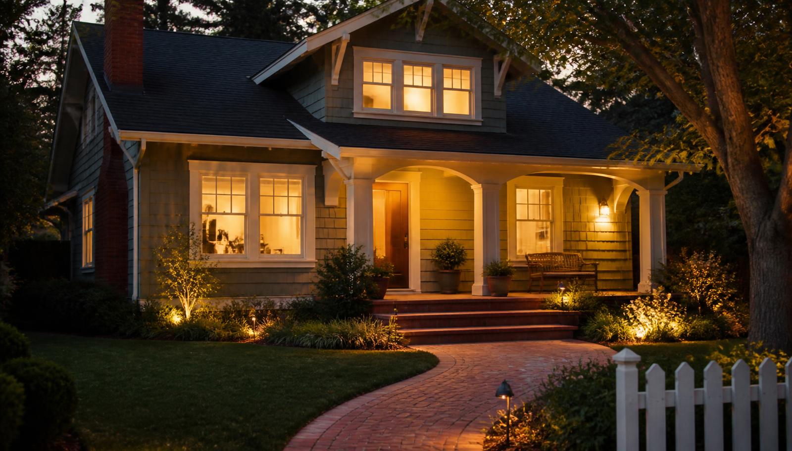 Warmly lit restored family home at dusk in Central Indiana