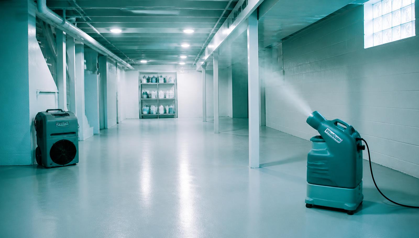 Sanitized clean basement with disinfection equipment after sewage cleanup