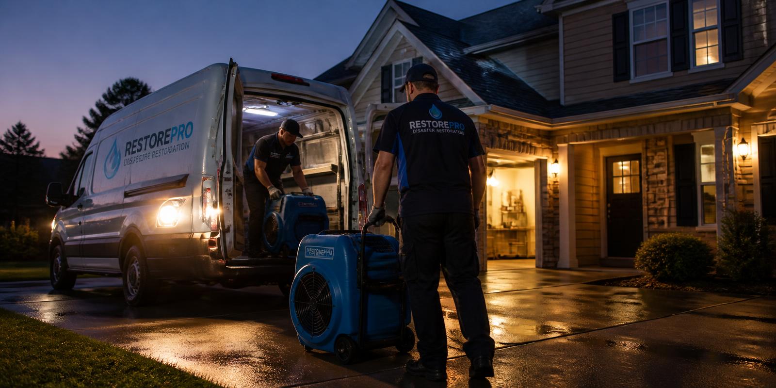 Faulkner Restoration crew unloading drying equipment at a Central Indiana home at night