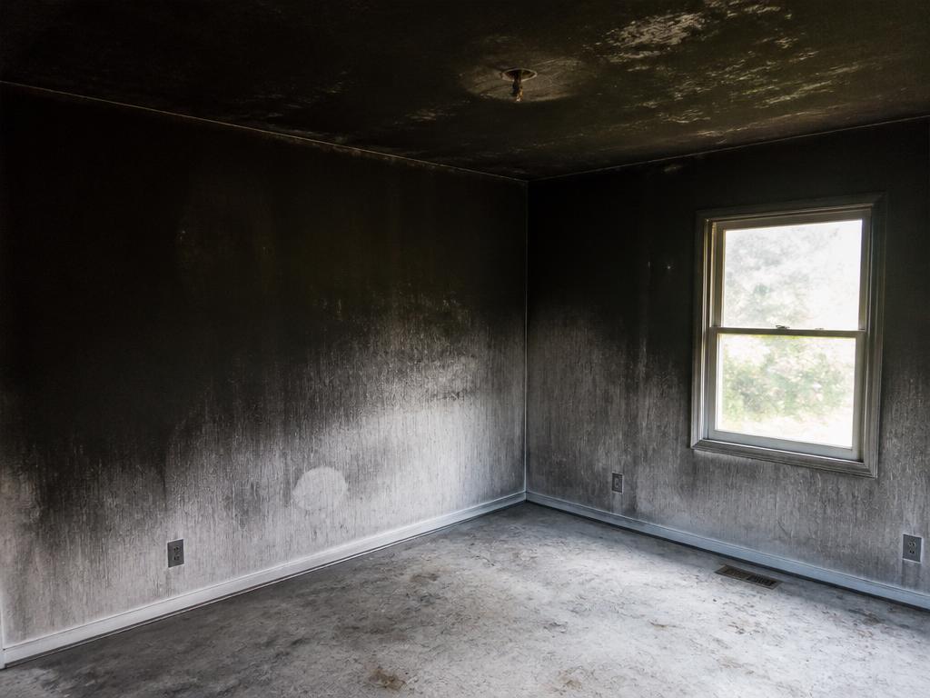 Bedroom with smoke staining on walls and ceiling after a house fire