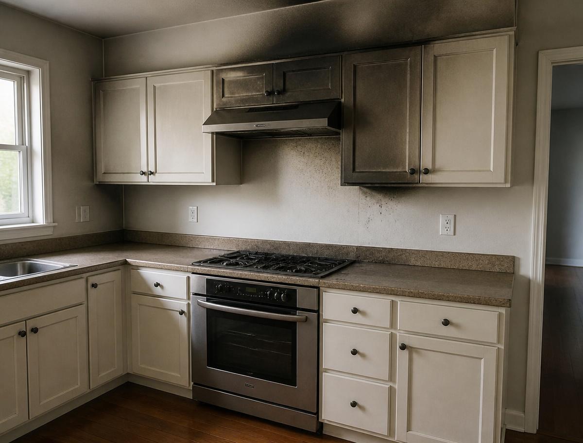 Kitchen with heavy fire and smoke damage before restoration in Greenwood Indiana