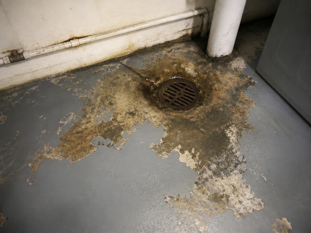 Utility room floor with contamination and staining before sanitation