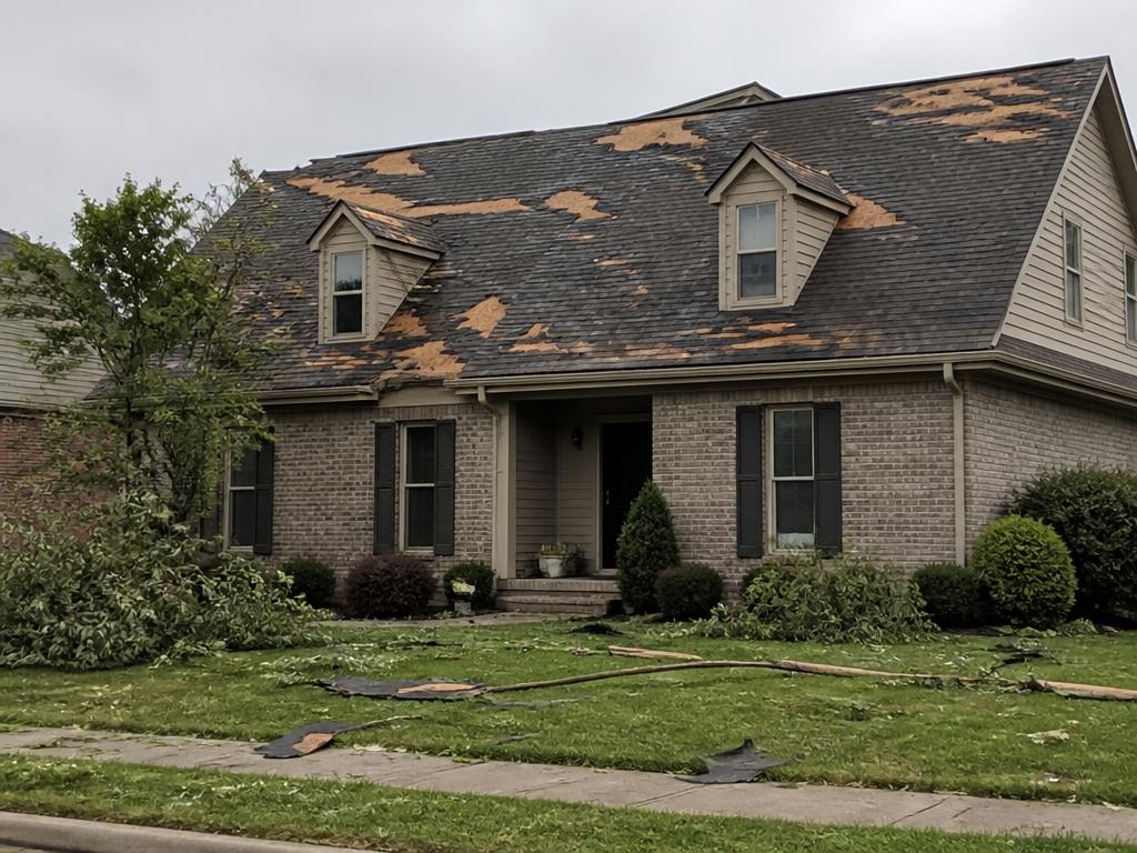 Storm damaged roof with missing shingles on a Greenwood Indiana home