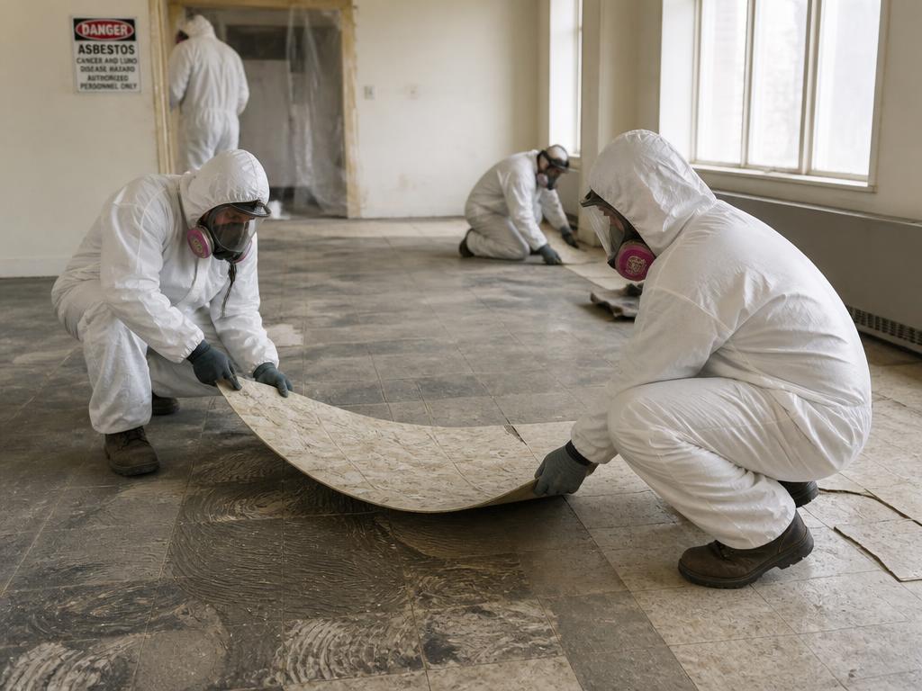Crew removing legacy vinyl floor tile during an abatement project