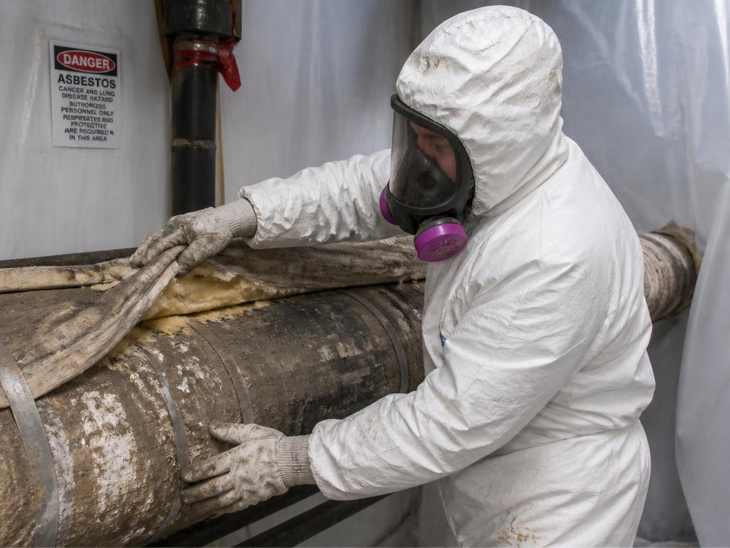 Technician removing old pipe insulation wrap during asbestos abatement