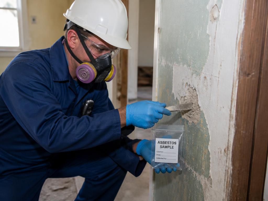 Inspector collecting a building material sample for asbestos lab testing