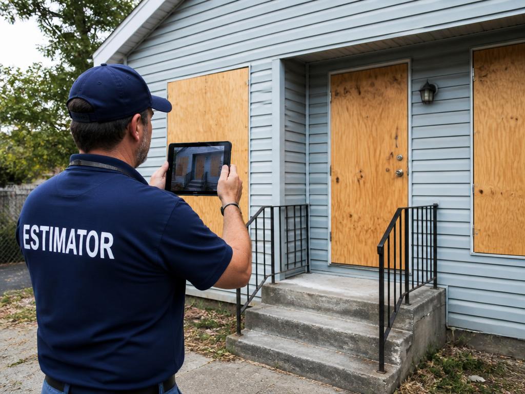 Estimator photographing a secured boarded up property for insurance