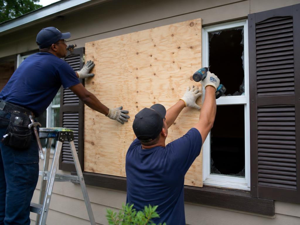 Crew boarding up a broken residential window in Central Indiana
