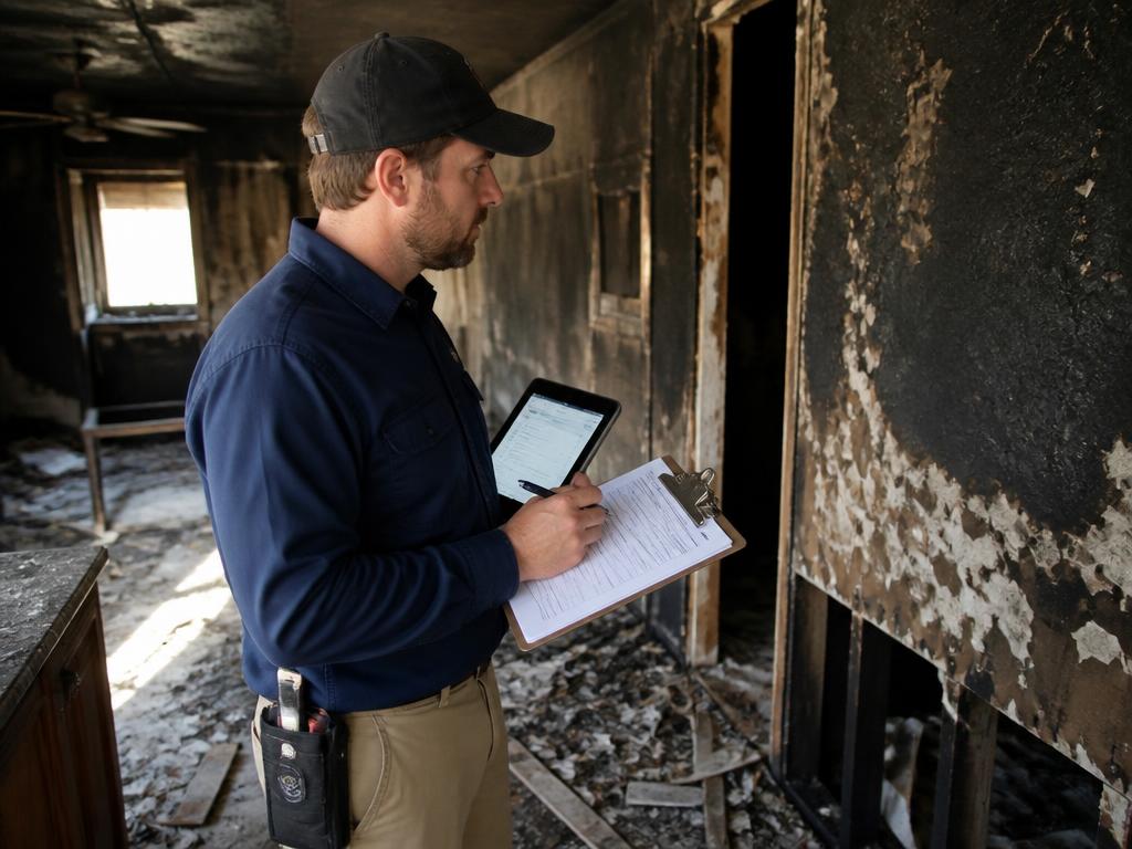 Estimator documenting fire damage for a homeowner insurance claim