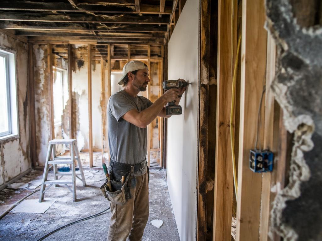 Carpenter installing new drywall during fire damage reconstruction