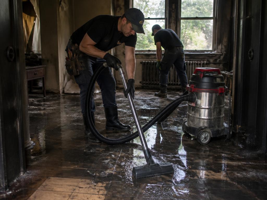 Crew extracting firefighting water from a fire damaged home floor
