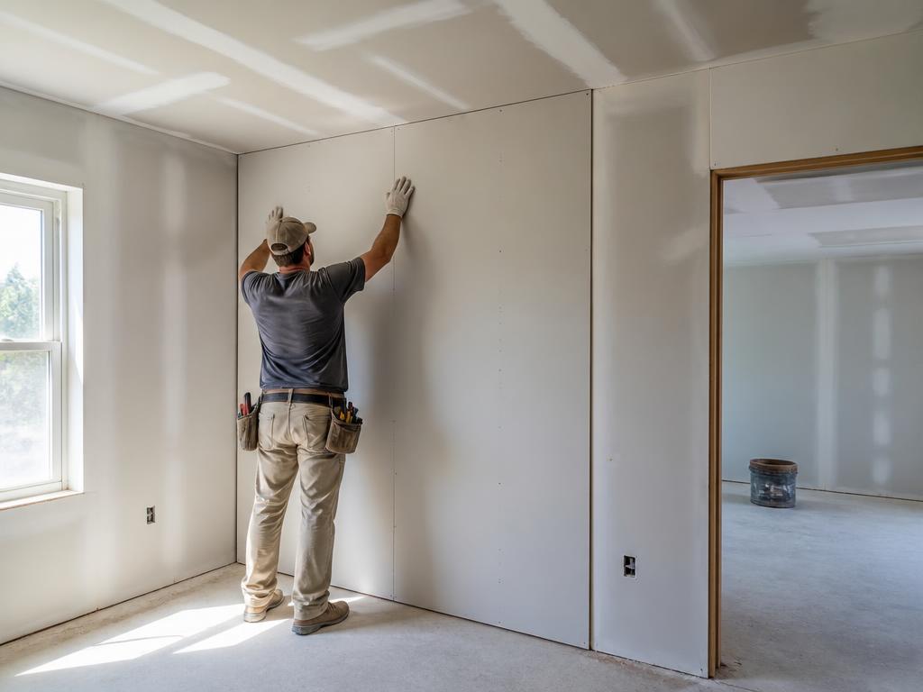 Contractor installing fresh drywall after mold remediation