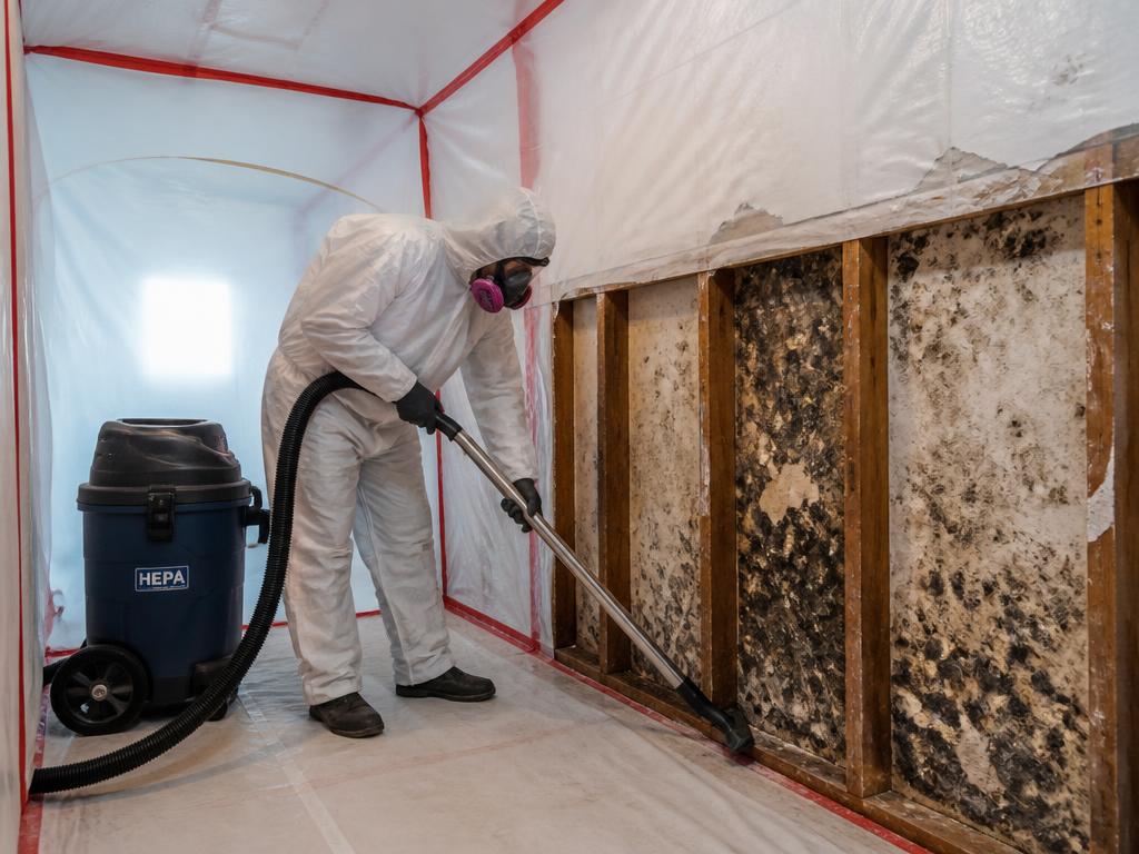 Technician in protective suit removing mold affected drywall inside containment