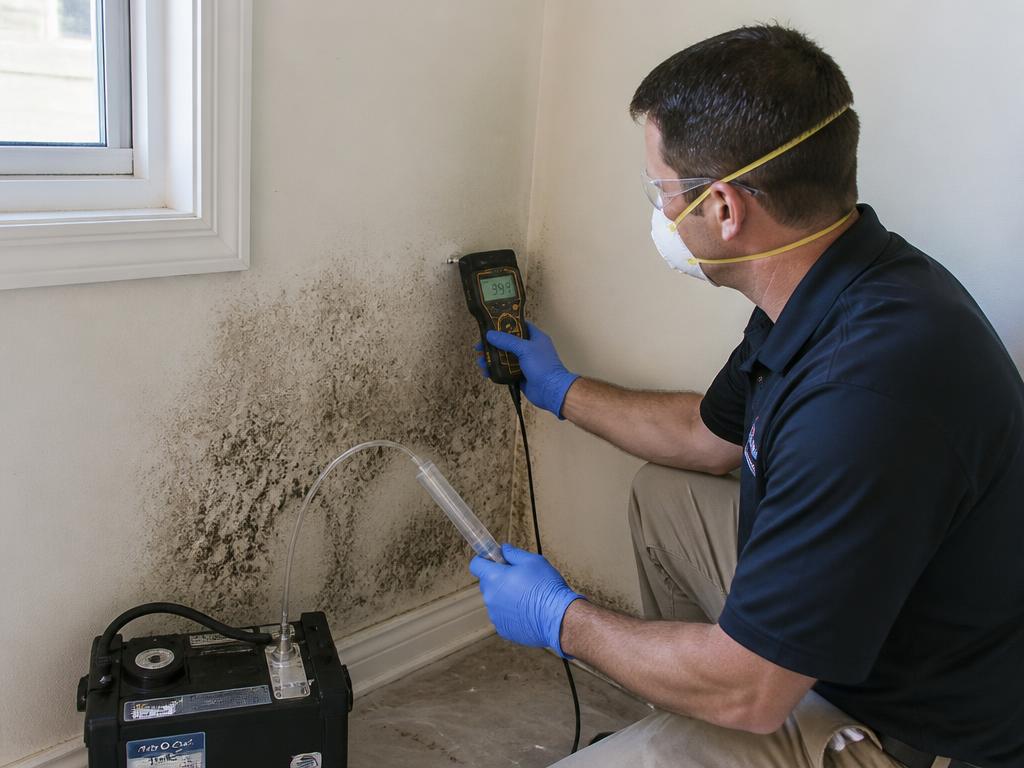 Mold inspector testing a wall with a moisture meter in a Greenwood Indiana home