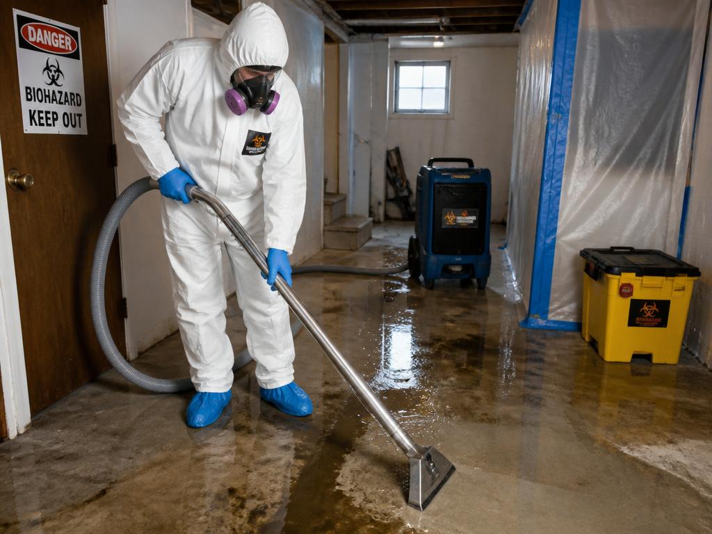 Technician in full PPE extracting contaminated water from a Greenwood Indiana basement