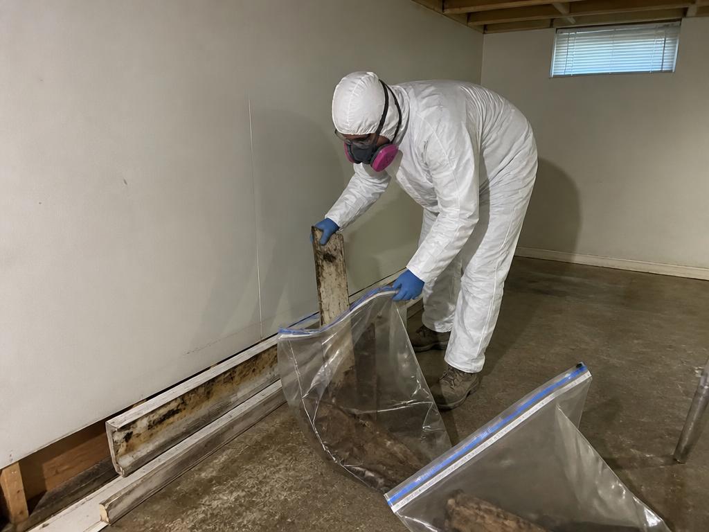 Technician bagging contaminated flooring materials for safe disposal