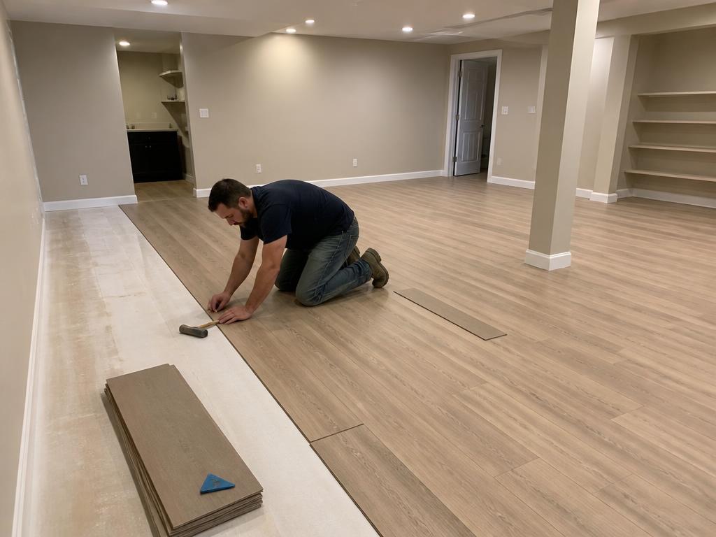 Contractor installing new flooring in a restored basement
