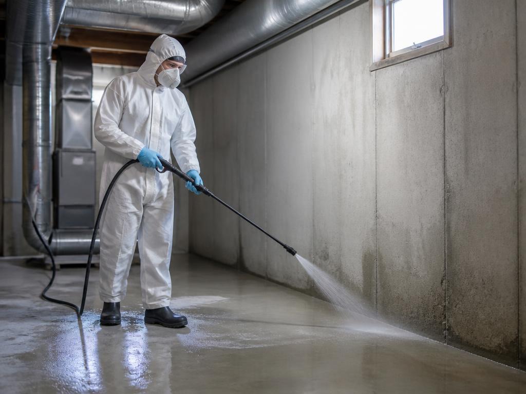Worker in protective suit disinfecting a basement floor after sewage cleanup