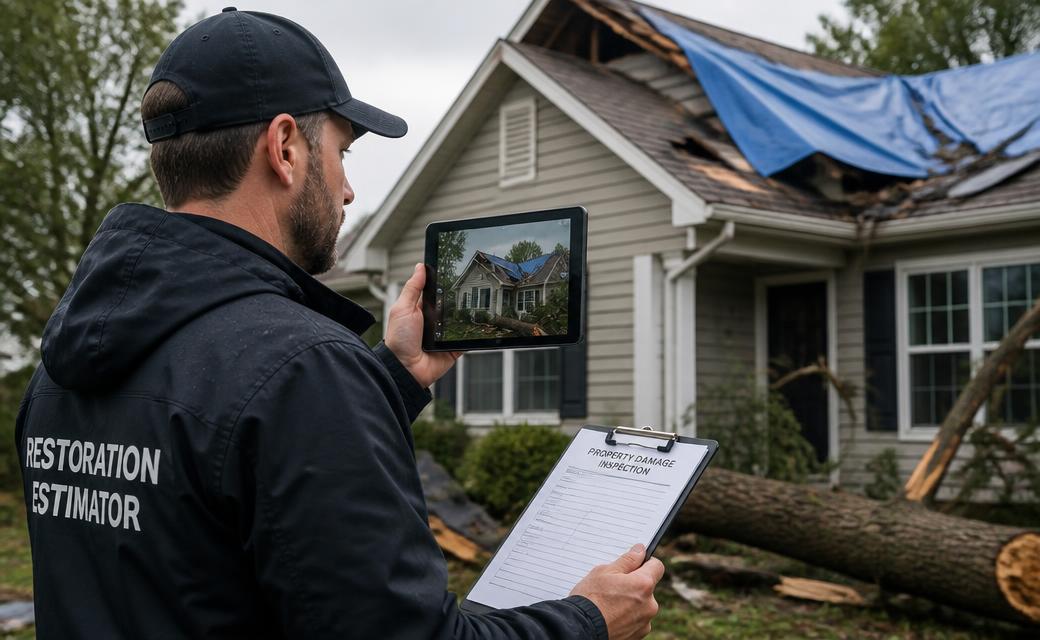 Restoration estimator documenting storm damage for an insurance claim