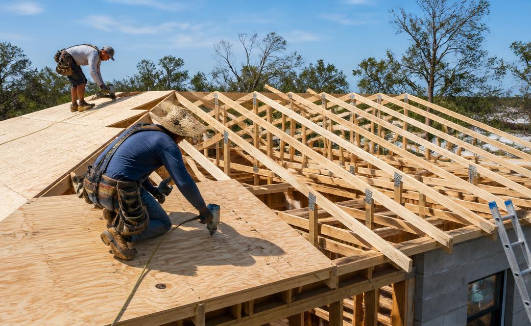 Roofer repairing wind and hail damaged shingles on a Central Indiana roof