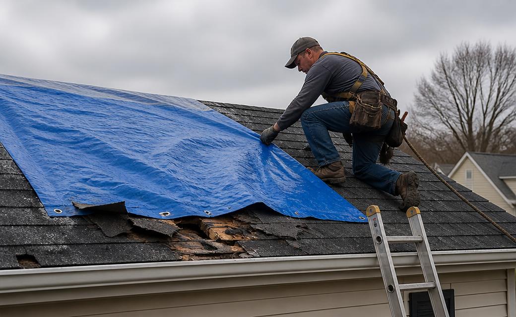 Technician installing an emergency roof tarp on a storm damaged Greenwood Indiana home