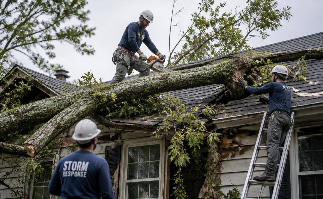 Crew removing a fallen tree from a storm damaged home in Central Indiana