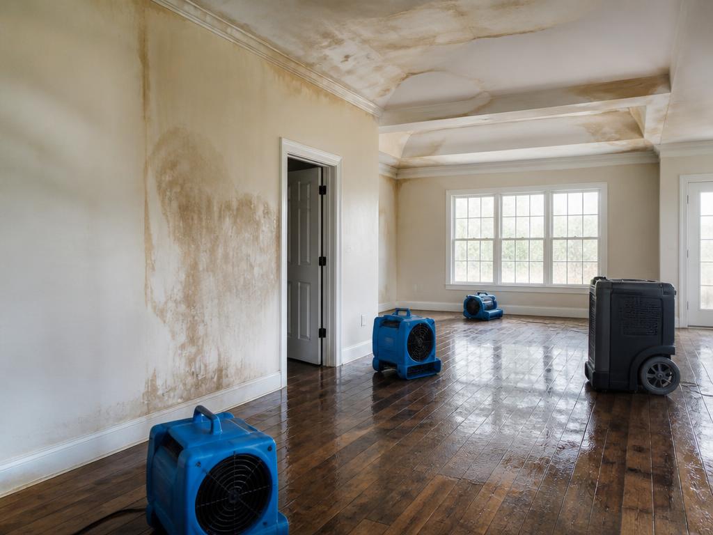 Drying equipment running in a storm damaged room after water intrusion