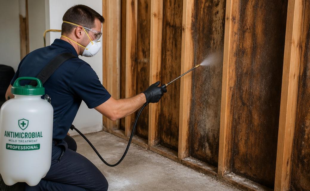 Technician applying antimicrobial treatment to wall framing after water damage