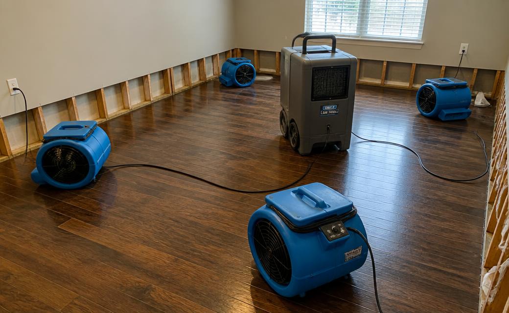 Air movers and a dehumidifier drying a water damaged room in Central Indiana