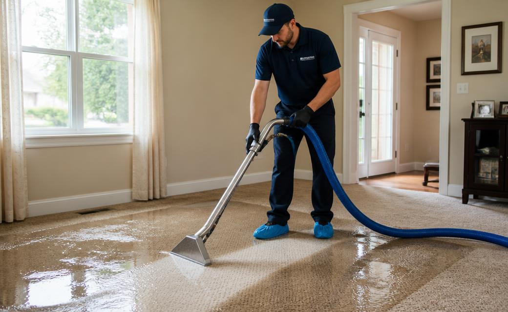 Technician extracting standing water from a carpeted floor in a Greenwood Indiana home