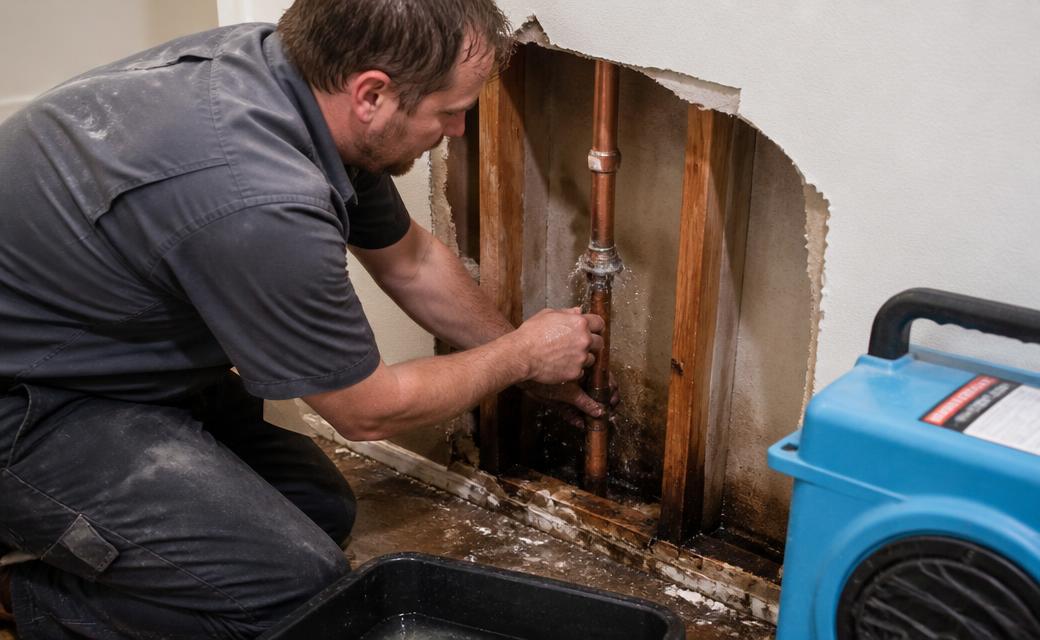 Technician repairing a burst water pipe inside an opened wall cavity