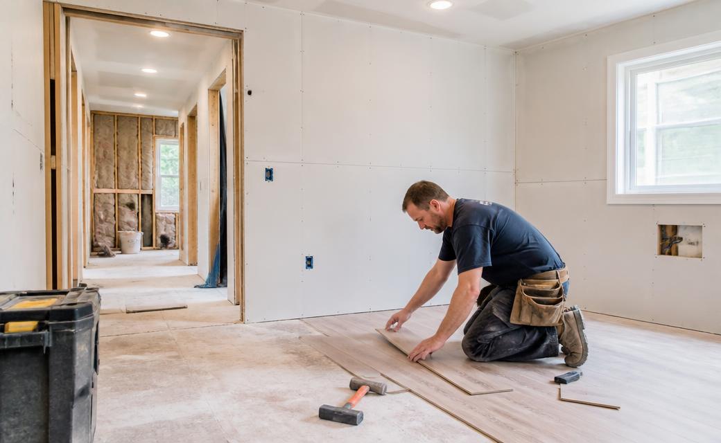 Carpenter installing new flooring during water damage reconstruction