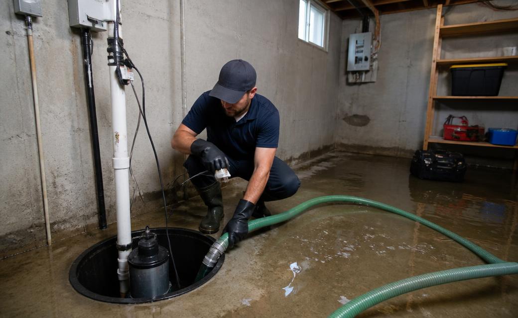 Technician pumping water from a flooded basement sump pit in Indiana